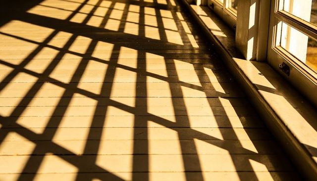 Casting geometric window shadows across sunlit painted floorboards in rustic sunroom
