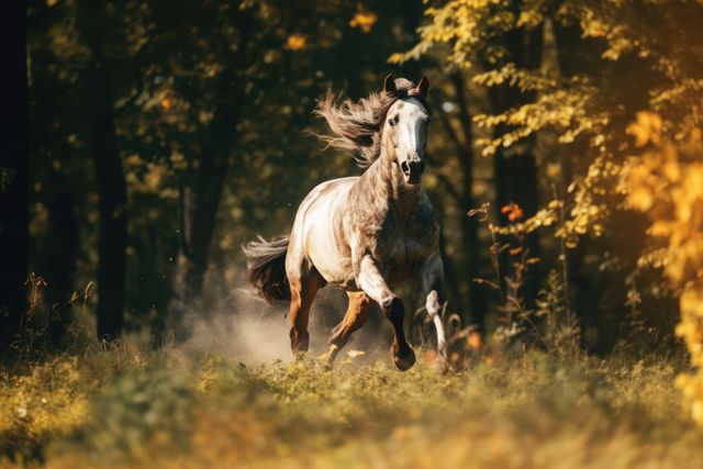 A stunning horse running freely through a dense forest with autumn foliage. The scene captures the essence of wild beauty and freedom. Ideal usage includes nature and wildlife blogs, autumn-themed publications, equestrian content, and outdoor adventure promotions.