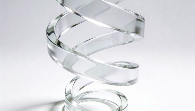 Glass Spiral Ribbon Sculpture Coiling on White Tabletop Casting Soft Reflections