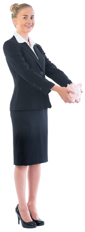 Transparent Businesswoman Holding Pink Piggy Bank