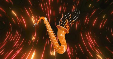 Golden saxophone floating and emitting musical notes with sparks in dark abstract space