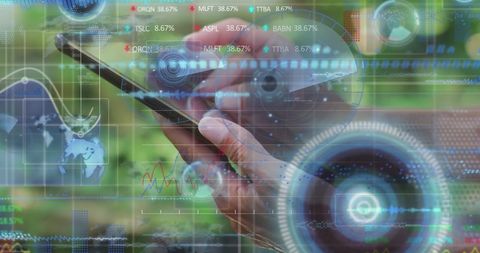 Hands using smartphone amidst digital education data overlay