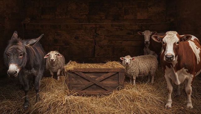 Rustic barn with livestock diverse group observing