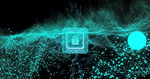 Pulsing microchip projecting neon cyan circuit traces across cyber void, padlock and sphere
