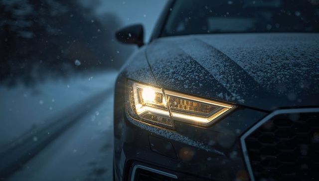Snow-dusted luxury car led headlight glowing on icy forest road at dusk and falling snow