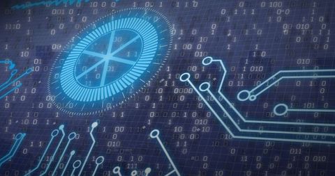 Futuristic cyan HUD displaying binary stream over dark-blue grid with circuit traces