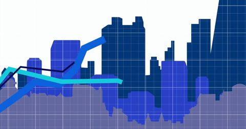 Digital data overlay on cityscape with graph lines
