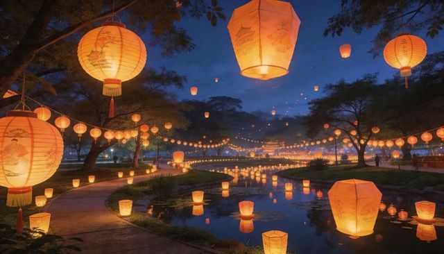 Glowing paper lanterns floating and reflecting on pond at night lantern festival lakeside