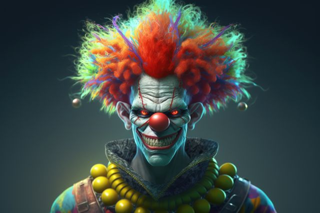 Close up of scary smiling clown in multi coloured wig, created using generative ai technology - Download Free Stock Photos Pikwizard.com