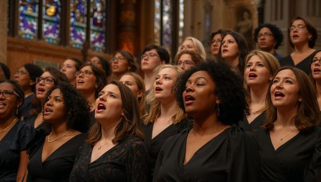 Choral Ensemble Performing in Cathedral with Stained Glass Windows