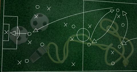 Soccer strategy illustrations with training equipment on grass