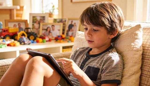 Young boy using tablet on couch in cozy living room with toys and family photos for learning