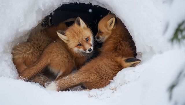 Huddling red fox kits in snow den, winter fox cubs snuggling for warmth and protection
