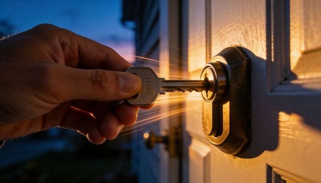 Inserting key into deadbolt at dusk, closeup hand turning metal key, warm porchlight glow