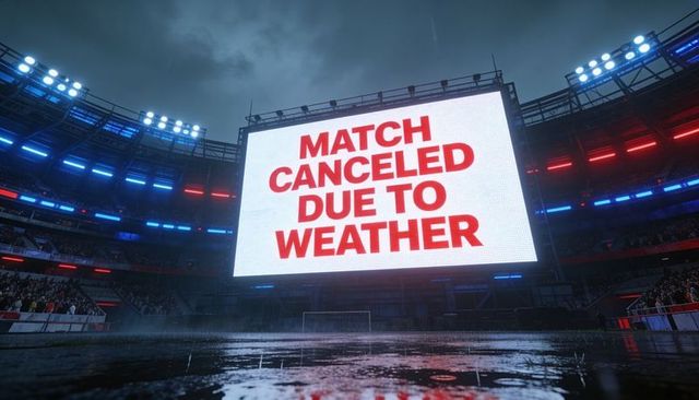 Stadium led screen showing match canceled due to weather over rain soaked pitch at night