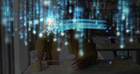 Man using tablet in cafe with futuristic holographic binary data and augmented reality tech