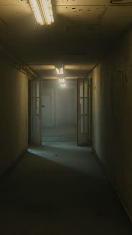 Vertical video moving through abandoned corridor with flickering fluorescent lights and peeling pain