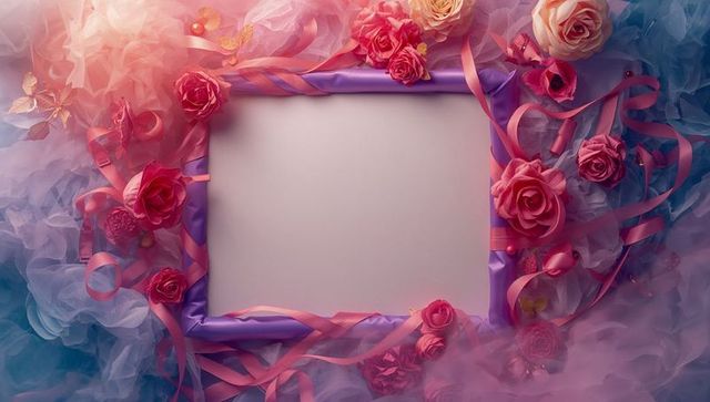 Romantic rose frame with pastel tulle and ribbons