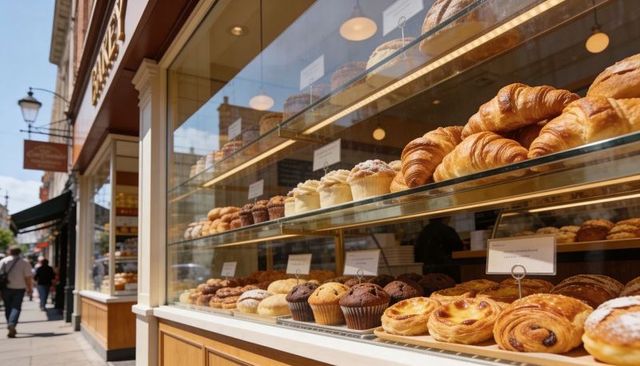 Sunlit bakery window showcasing artisan croissants, muffins and danishes on glass shelves