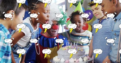 Children celebrating birthday with clown and cartoon effects