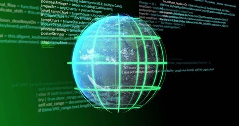 Rotating holographic globe showing Earth with neon green grid and floating code interface