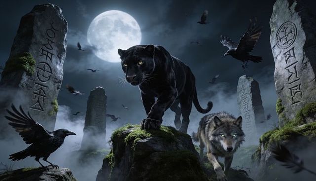 Black panther prowling with gray wolf trotting across moonlit rune-stone megalith plateau