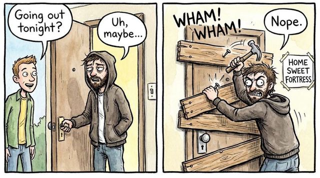 Bearded man boarding door with hammer nailing planks comic panel showing social anxiety