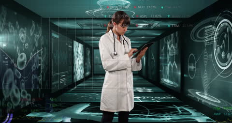 Future of Medicine with AI: Doctor Analyzing Data on Tablet