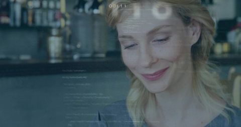 Woman Analyzing Holographic Code in Modern Urban Setting