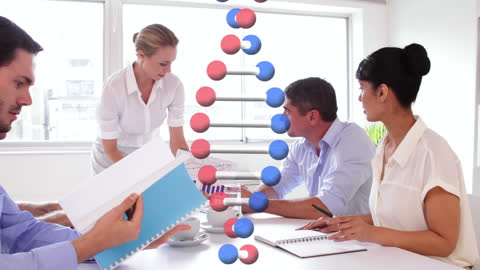 Diverse Business Meeting with Spinning DNA Strand