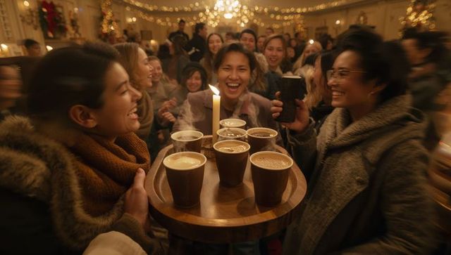 Joyful friends celebrating with hot beverages in festive setting