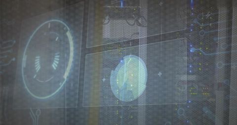 Holographic server rack interface projecting led status indicators and circuit overlay