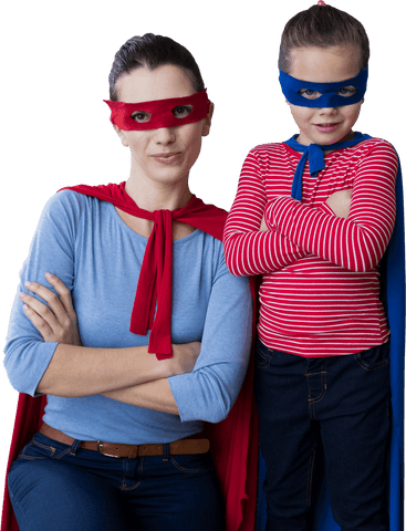 Transparent Background of Mother and Daughter in Superhero Costumes