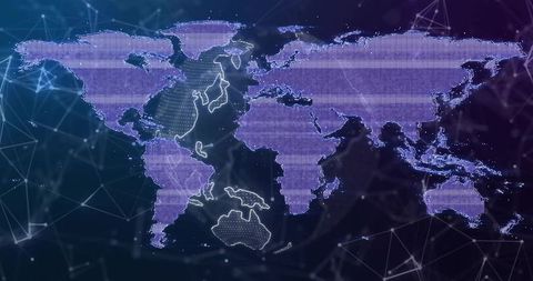 Purple Futuristic World Map with Digital Network Connections