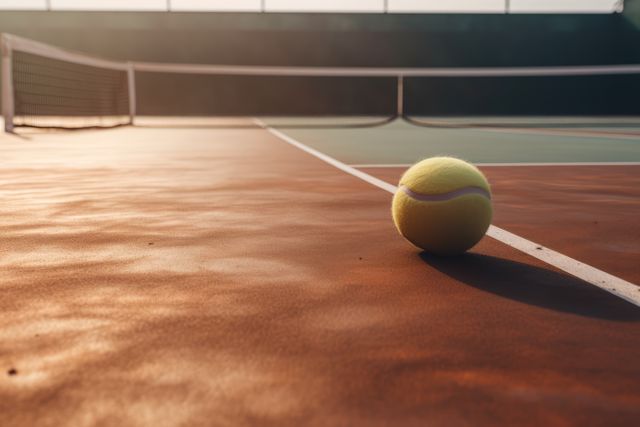 Tennis ball lying on court, bathed in soft morning sunlight. Useful for sports blogs, promotional materials for tennis events, websites related to fitness and outdoor activities, or stock images for social media posts. Conveys solitude and anticipation of a match.