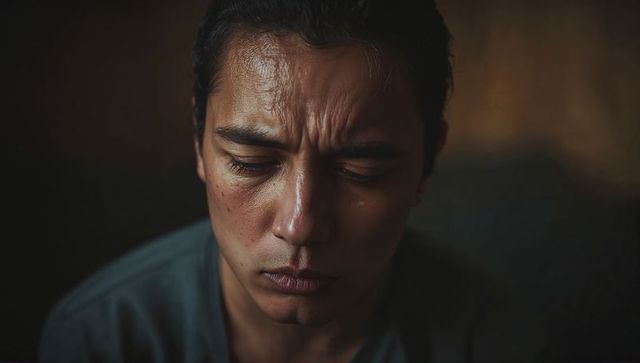 Moody closeup portrait man lowering eyes furrowing brow chiaroscuro low light cinematic