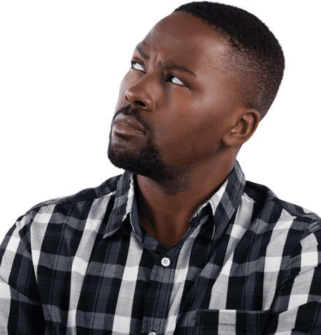 Contemplated Black Man Looking Away in Plaid Shirt on Transparent Background - Download Free Stock Videos Pikwizard.com