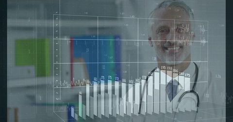 Smiling doctor with data overlay in modern healthcare environment
