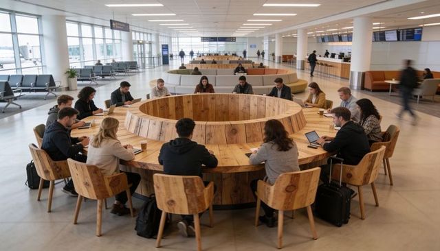 Modern airport coworking hub with circular wooden table and professionals using laptops