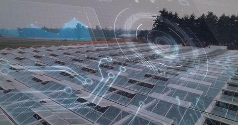 Futuristic solar panel array with data and technology interface