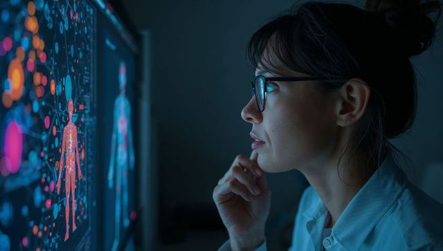 Female scientist studying human anatomy visualization on dual monitors