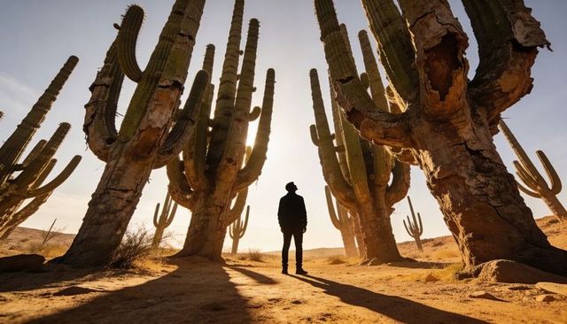 Silhouetted traveler standing among towering cacti at golden desert sunset adventure