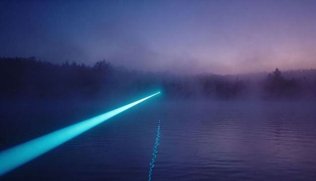 Cyan laser beam cutting across misty forest lake at twilight thin reflection on calm water