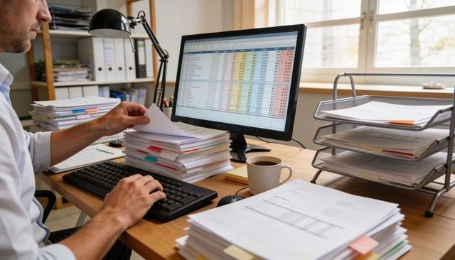 Sorting reports at cluttered office desk with spreadsheet on monitor, typing data