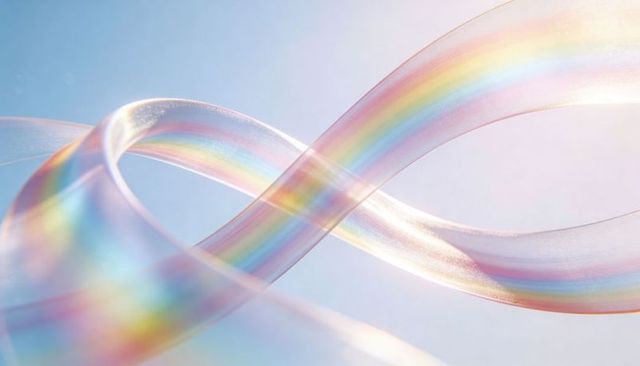 Gliding iridescent rainbow ribbon looping over soft blue sky with warm light bokeh