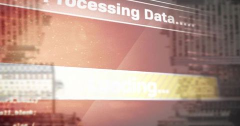 Loading data progress bar with processing data header over blurred cityscape moody amber overlay