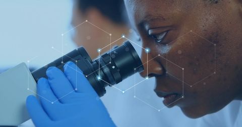 Close-up of Scientist Analyzing Microscope Sample with Digital Interface Overlay - Download Free Stock Images Pikwizard.com