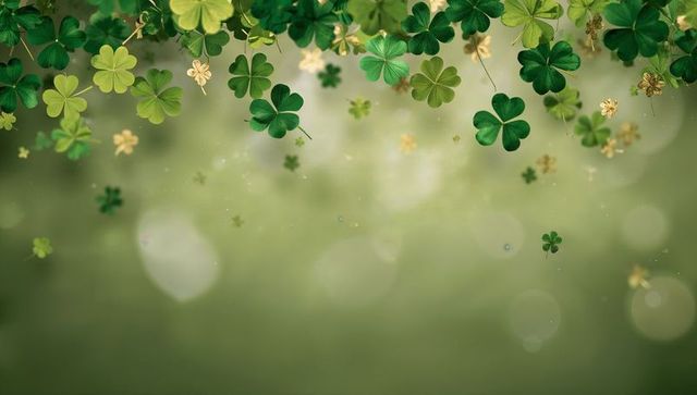 Shamrock Garland with Golden Accents and Dewy Bokeh Background for St Patrick Celebrations