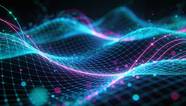 Pulsing neon wireframe mesh undulating through futuristic digital grid with glowing nodes
