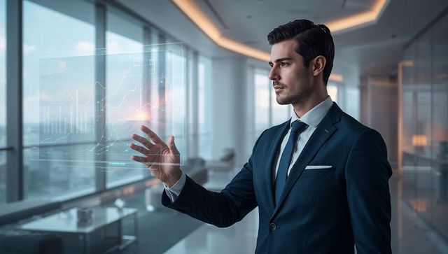 Executive Manipulating Holographic Financial Charts in Modern High-Rise Office